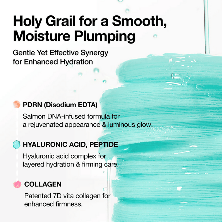 Blå tonerpads dränkta i fuktgivande essens med text om ingredienser: PDRN (salmon DNA), hyaluronsyra, peptider och kollagen – designade för återfuktning, lyster och spänstigare hud.