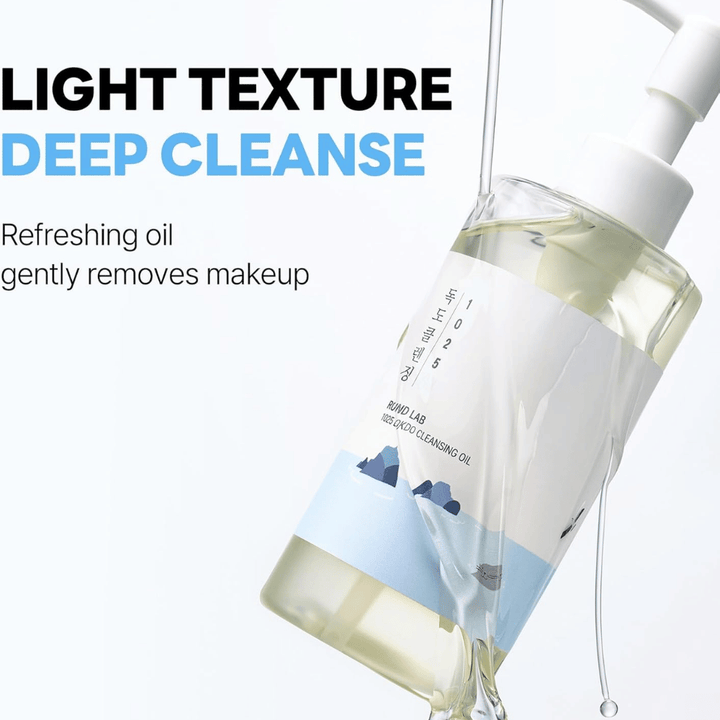 Round Lab Dokdo cleansing oil o lekkiej formule, która nawilża skórę, jednocześnie usuwając makijaż i zanieczyszczenia