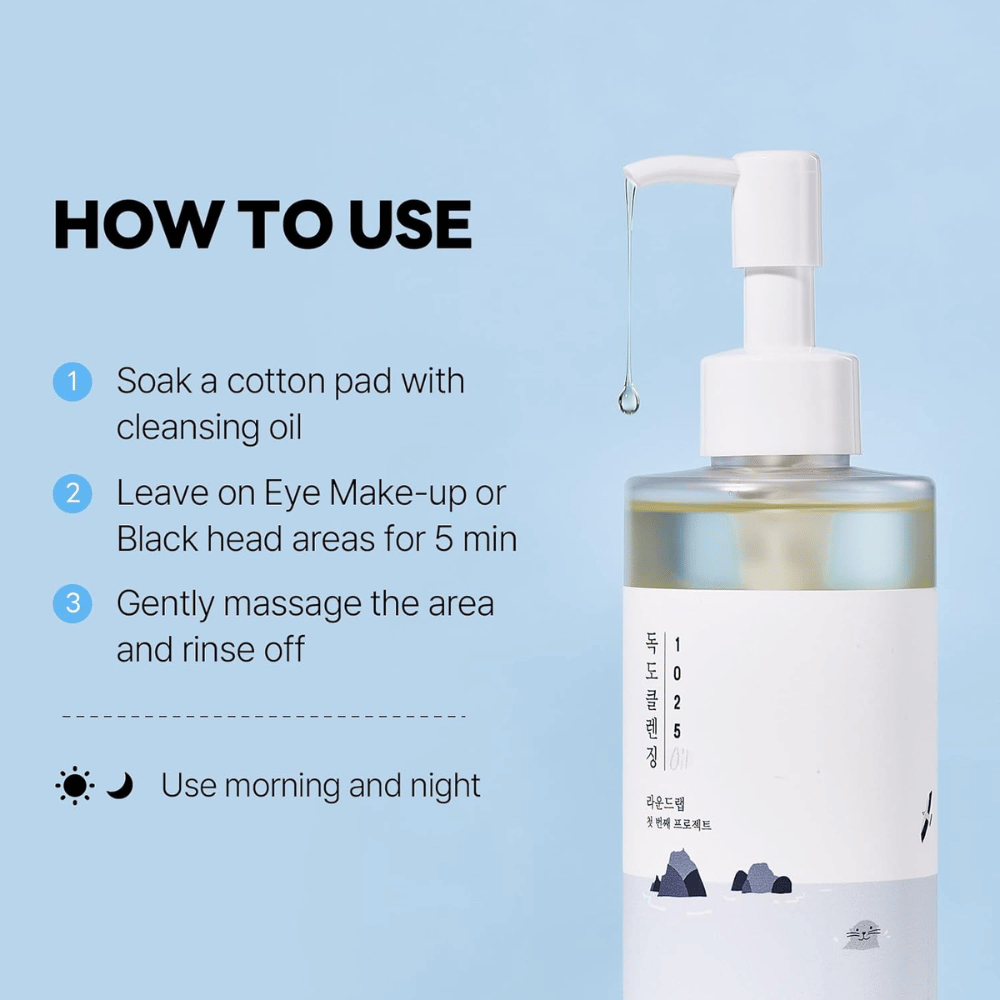 Round Lab 1025 Dokdo Cleansing Oil, który skutecznie rozpuszcza makijaż, filtry przeciwsłoneczne i zanieczyszczenia dzięki lekkiej i nawilżającej olejowej konsystencji