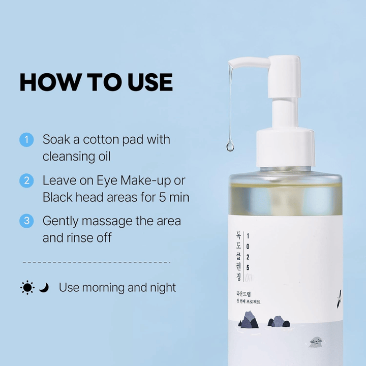 Round Lab 1025 Dokdo Cleansing Oil, który skutecznie rozpuszcza makijaż, filtry przeciwsłoneczne i zanieczyszczenia dzięki lekkiej i nawilżającej olejowej konsystencji