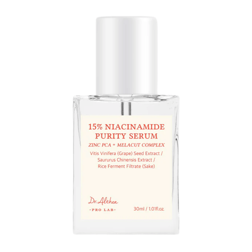 Dr. Althea 15% Niacinamide Purity Serum to zaawansowane serum łączące 15% niacynamidu z Zinc PCA i MELACUT COMPLEX, aby rozjaśnić, zmniejszyć pory i poprawić teksturę skóry. Idealne dla promiennego i jednolitego kolorytu skóry.