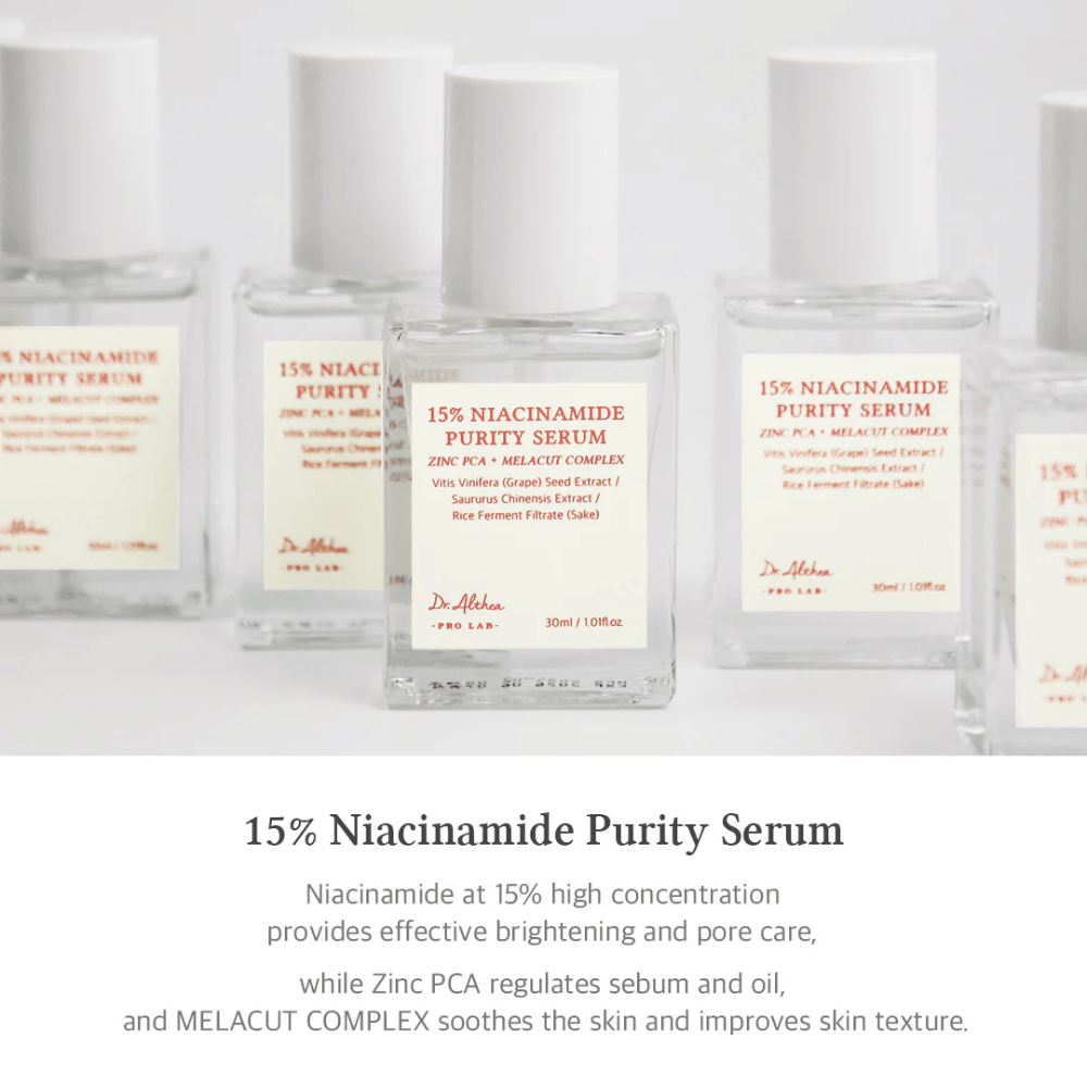 Dr. Althea 15% Niacinamide Purity Serum z wysoką koncentracją niacynamidu dla jaśniejszej skóry i zmniejszenia porów. Zawiera Zinc PCA do regulacji sebum i MELACUT COMPLEX, aby uspokoić skórę i poprawić teksturę. Eleganckie opakowanie dla profesjonalnego wrażenia.