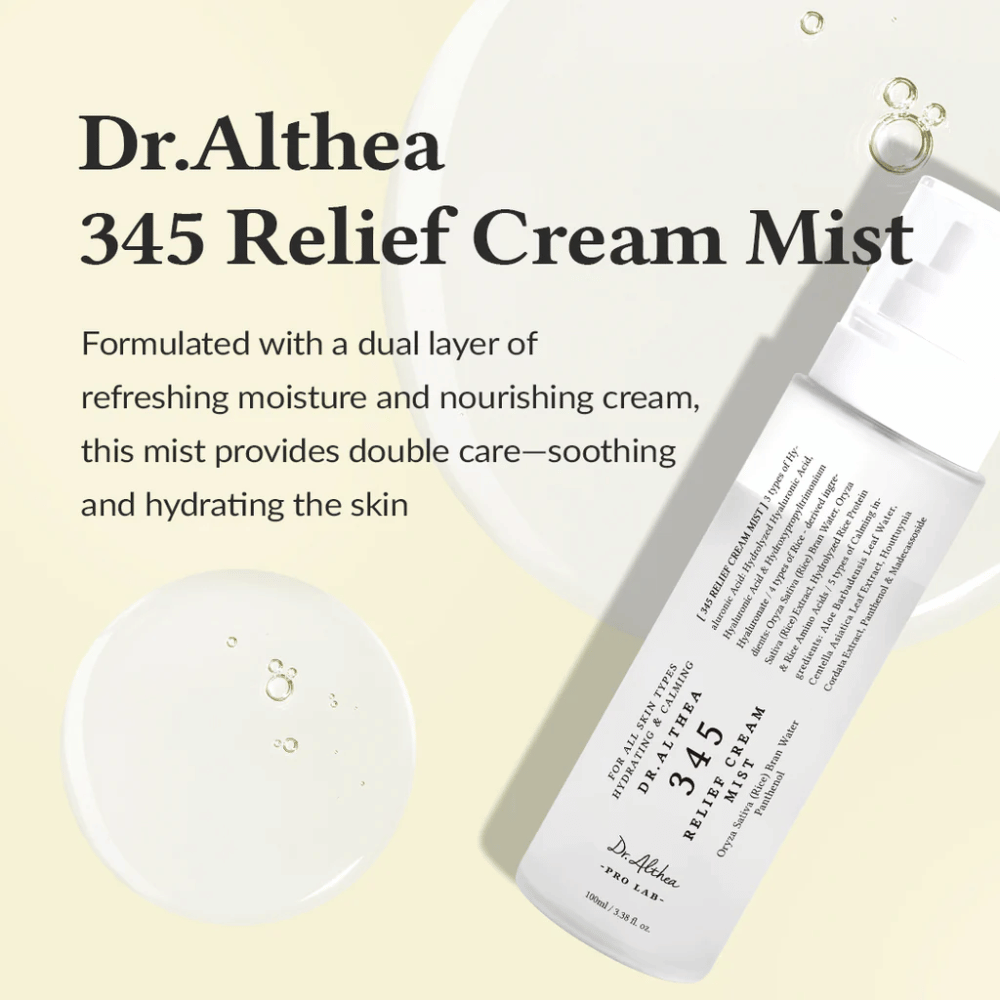 Zdjęcie produktu Dr. Althea 345 Relief Cream Mist z opisem kojącej i nawilżającej formuły, która zapewnia podwójną pielęgnację skóry w jednym kroku.