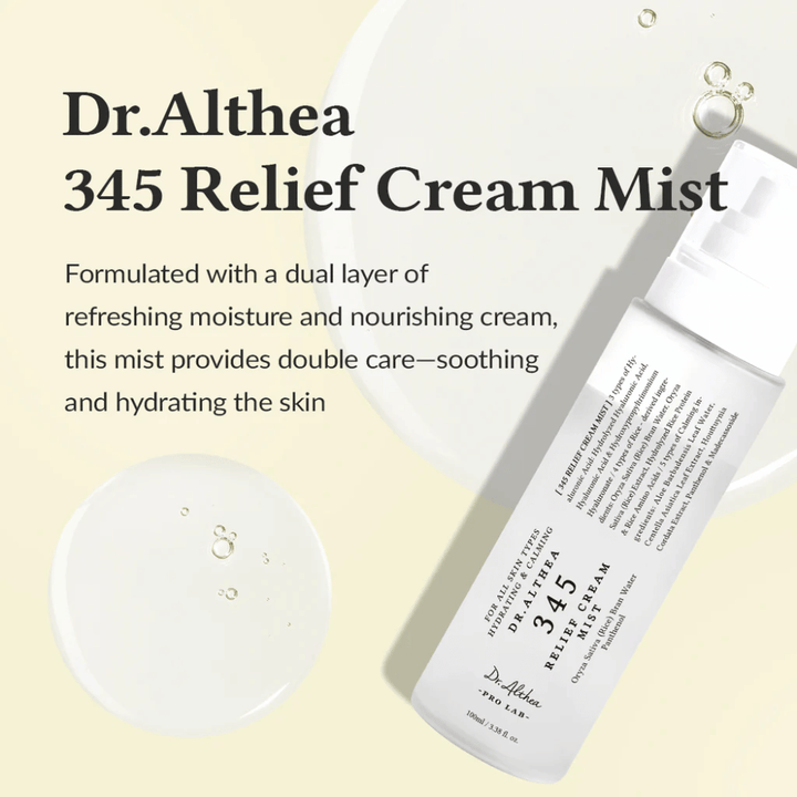 Zdjęcie produktu Dr. Althea 345 Relief Cream Mist z opisem kojącej i nawilżającej formuły, która zapewnia podwójną pielęgnację skóry w jednym kroku.
