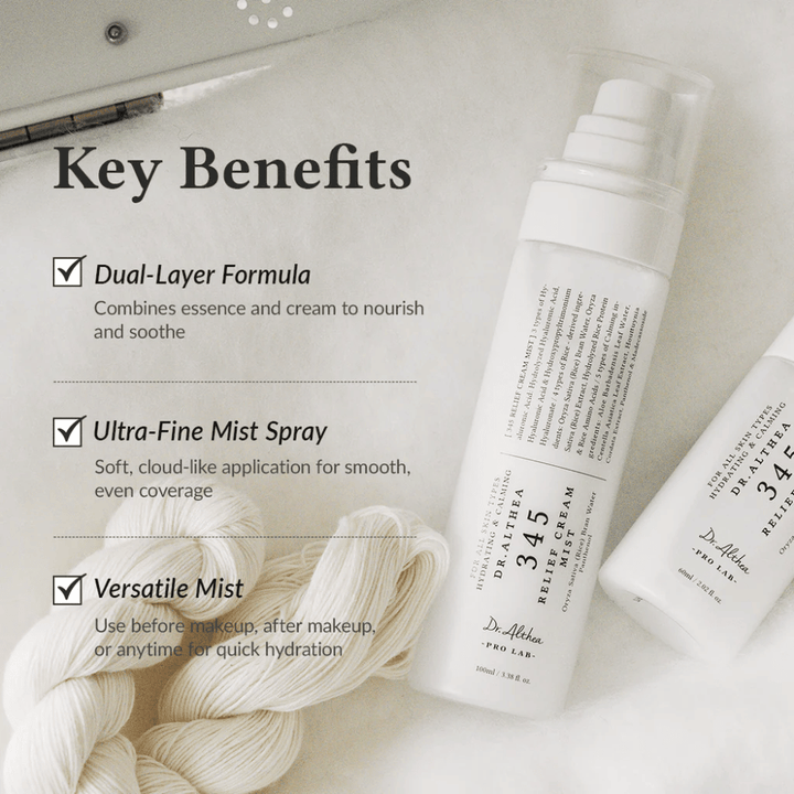 Dr. Althea 345 Relief Cream Mist z naciskiem na zalety, takie jak formuła z podwójną warstwą, ultradrobna mgiełka i wszechstronne zastosowanie dla szybkiego i równomiernego nawilżenia.
