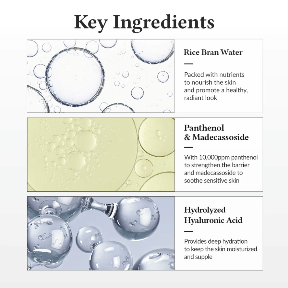Kluczowe składniki w Dr. Althea 345 Relief Cream Mist, z wodą ryżową, pantenolem, madecassoside i hydrolizowanym kwasem hialuronowym, które wzmacniają barierę skórną i zapewniają głębokie nawilżenie.