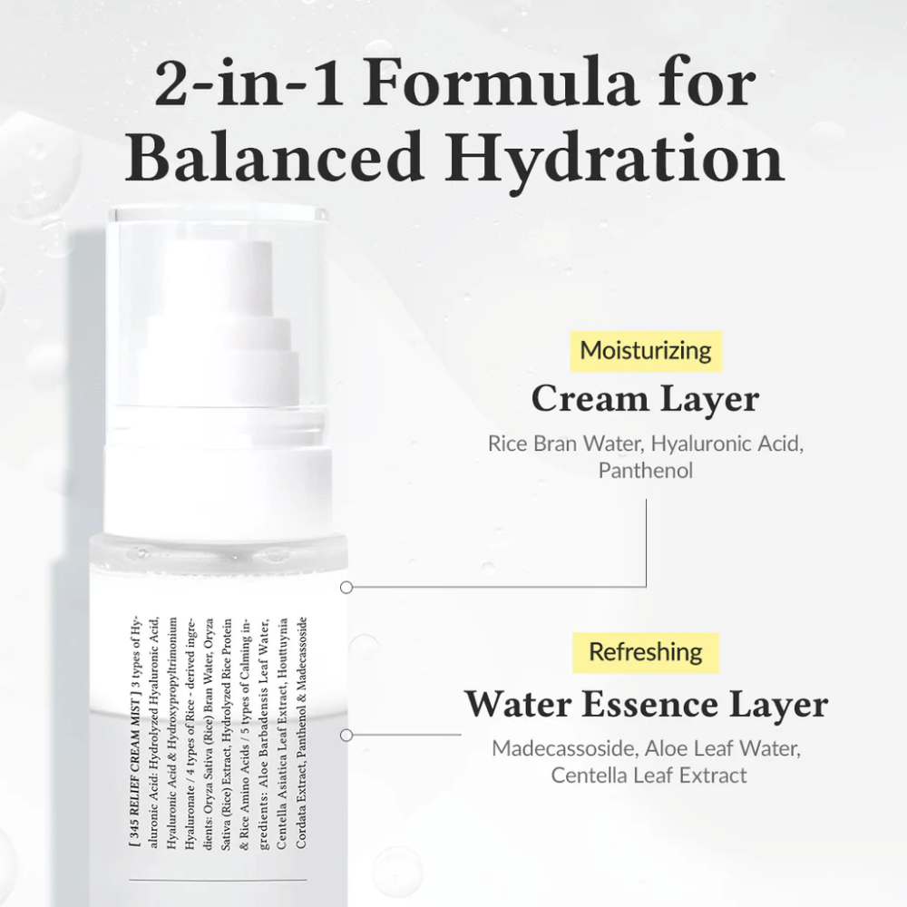 Ilustracja Dr. Althea 345 Relief Cream Mist z dwoma warstwami, nawilżającą warstwą kremową i odświeżającą warstwą wodną dla zrównoważonego i długotrwałego nawilżenia.