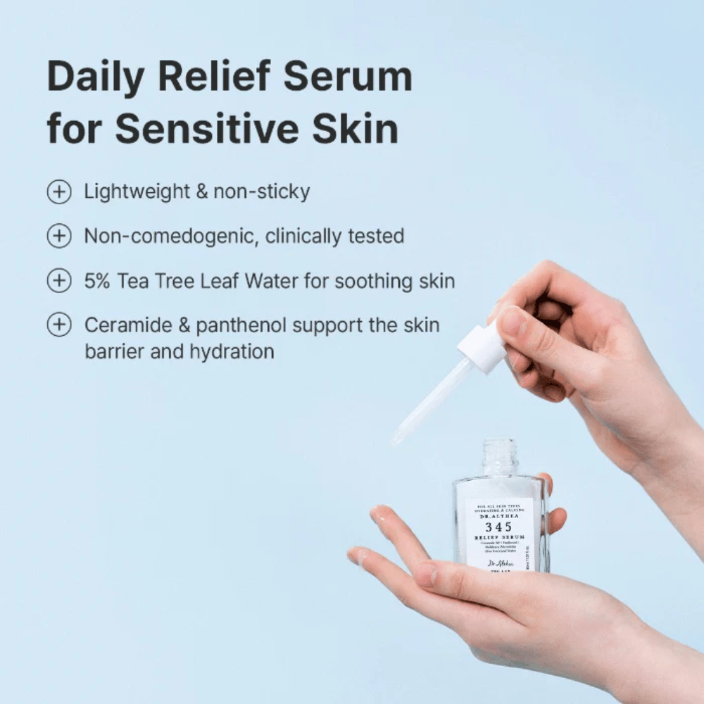 Dr. Althea 345 Relief Serum z ceramidami, pantenolem i wodą tea tree dla skóry wrażliwej i długotrwałego nawilżenia.