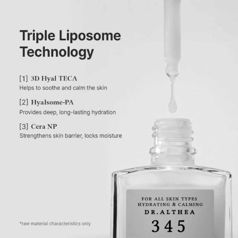 Dr. Althea 345 Relief Serum z technologią potrójnych liposomów, ceramidami i kwasem hialuronowym dla intensywnego nawilżenia i efektu kojącego.