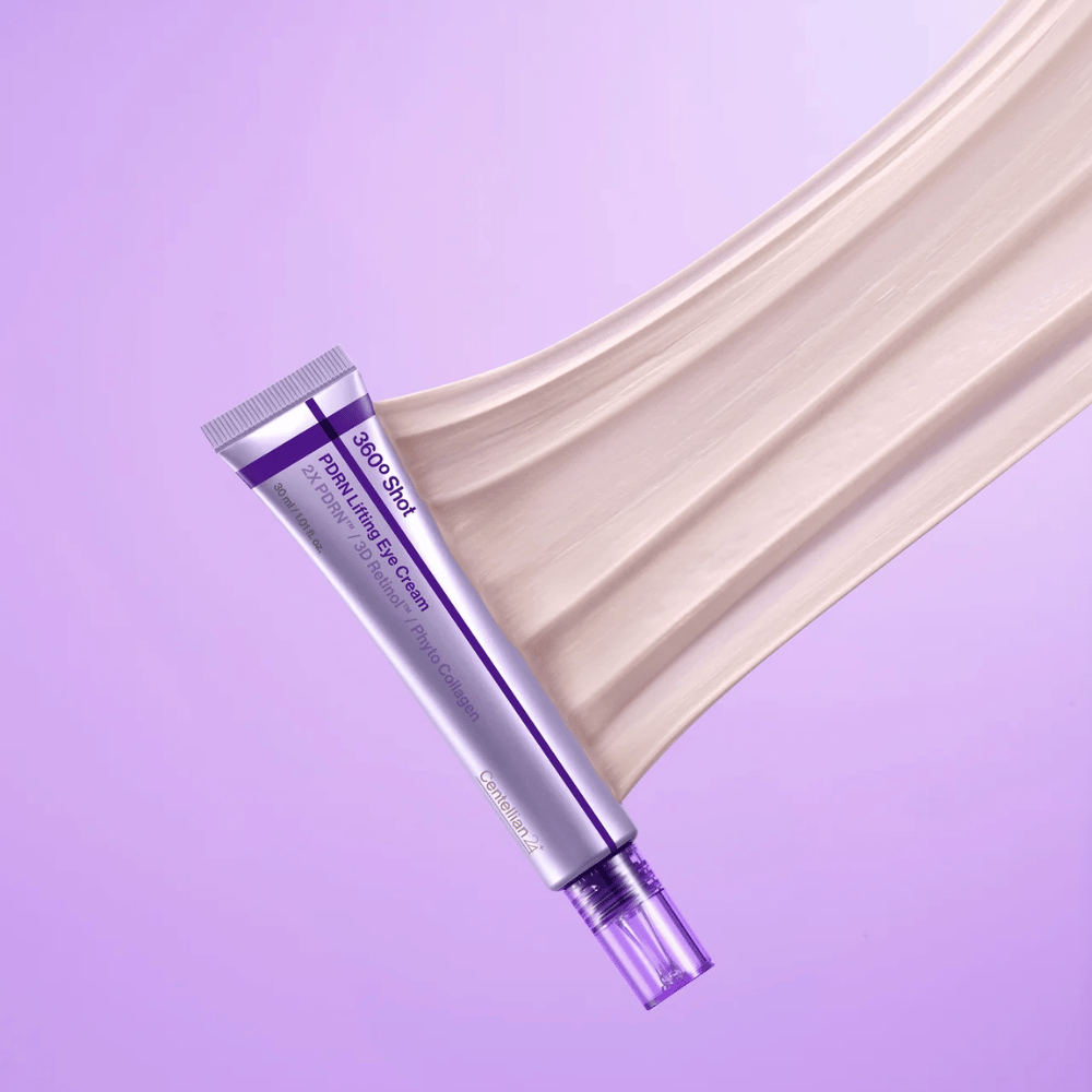 Centellian24 360º Shot PDRN Lifting Eye Cream tekstura – zbliżenie na kremowy Krem pod oczy z PDRN i kolagenem, które pomagają nawilżyć i nadać skórze wokół oczu gładszy wygląd.