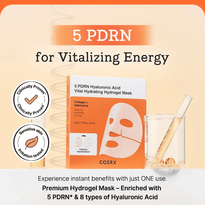 COSRX 5 PDRN Vital Hydrating Hydrogel Mask z kwasem hialuronowym i kolagenem, klinicznie testowana dla blasku, jędrniejszej skóry i poprawionej bariery skórnej