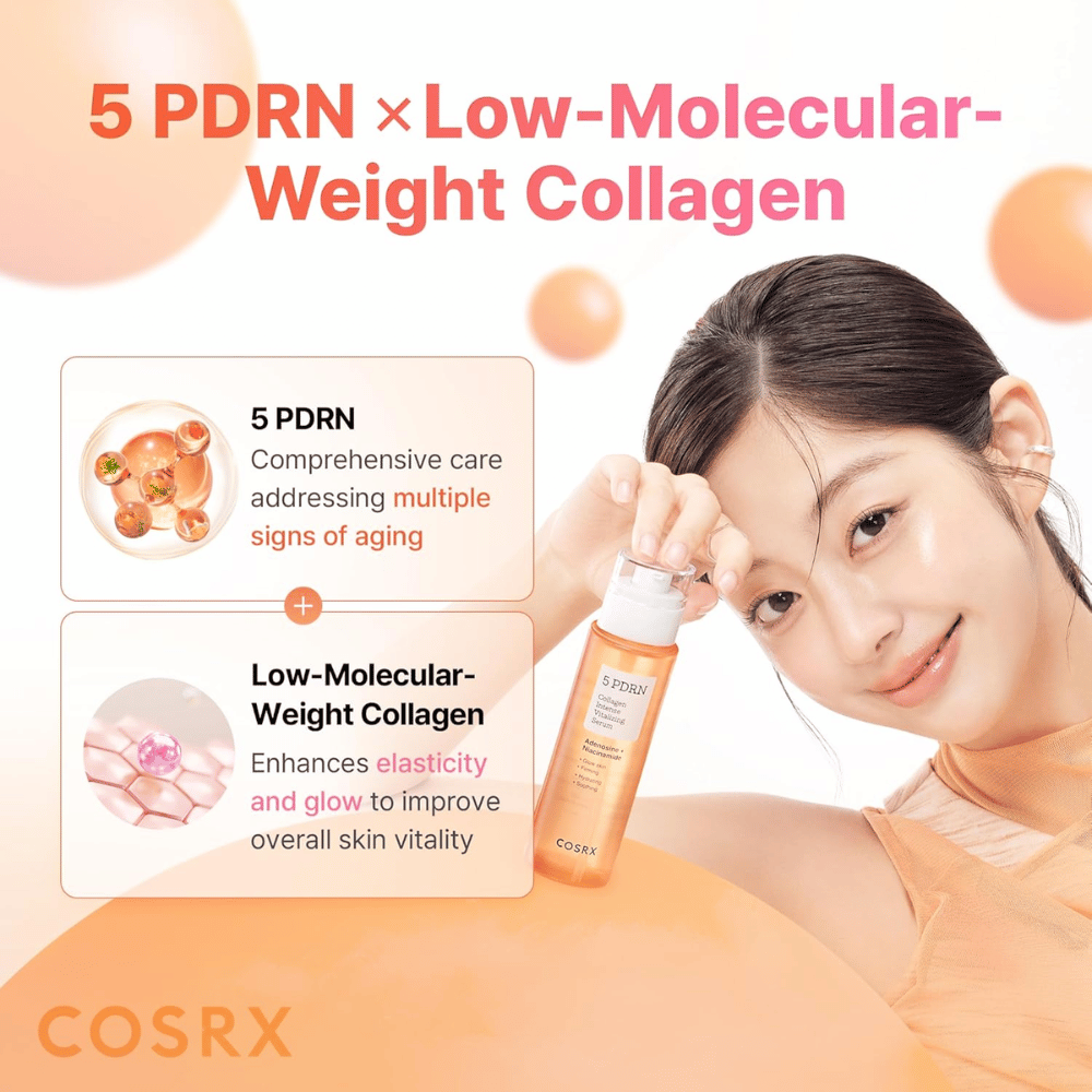 COSRX 5 PDRN Collagen Intense Vitalizing Serum z kolagenem o niskiej masie cząsteczkowej, który zapewnia jędrniejszą skórę, blask i działanie przeciwstarzeniowe