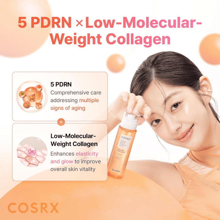 COSRX 5 PDRN Collagen Intense Vitalizing Serum z kolagenem o niskiej masie cząsteczkowej, który zapewnia jędrniejszą skórę, blask i działanie przeciwstarzeniowe