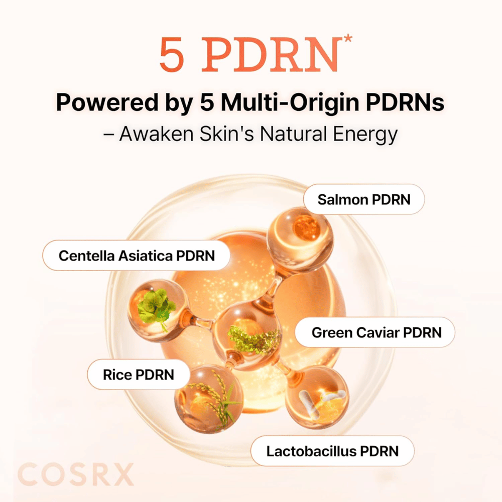 COSRX 5 PDRN serum z wieloźródłowym PDRN z łososia, centella asiatica, ryżu i probiotyków, które wzmacnia skórę i poprawia elastyczność