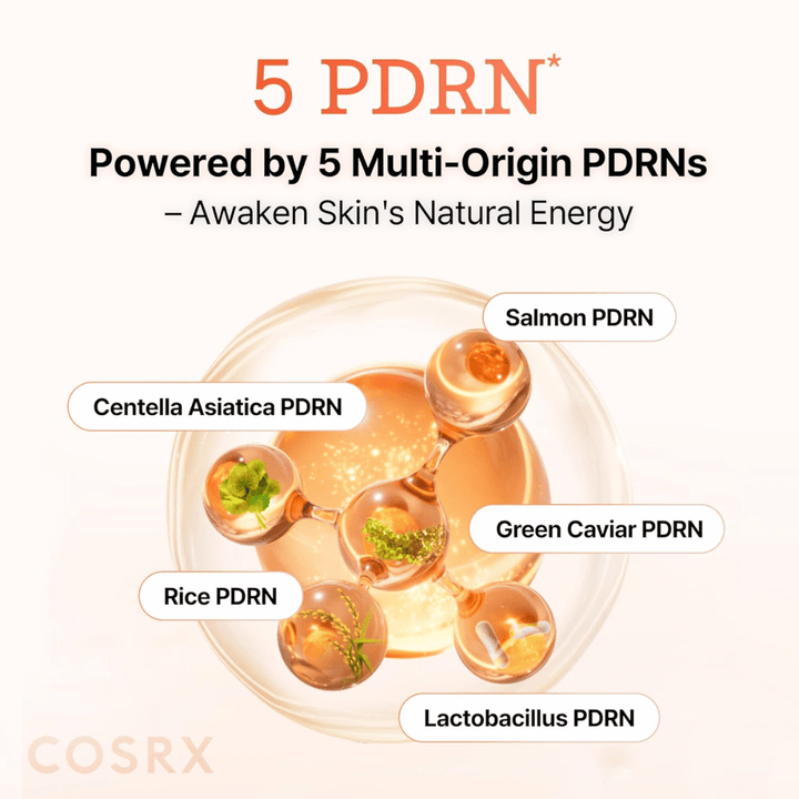 COSRX 5 PDRN serum z wieloźródłowym PDRN z łososia, centella asiatica, ryżu i probiotyków, które wzmacnia skórę i poprawia elastyczność