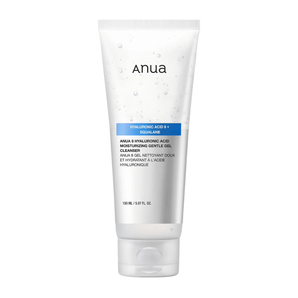 Obraz produktu Anua 8 Hyaluronic Acid Moisturizing Gentle Gel Cleanser w białej tubce. Delikatny żel oczyszczający, który wzmacnia barierę wilgoci skóry i zapewnia miękką, zrównoważoną skórę.