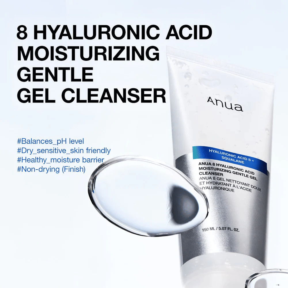 Anua 8 Hyaluronic Acid Moisturizing Gentle Gel Cleanser 150 ml na niebieskim tle. Łagodny żel oczyszczający z squalane, który nawilża i nadaje się do skóry wrażliwej.