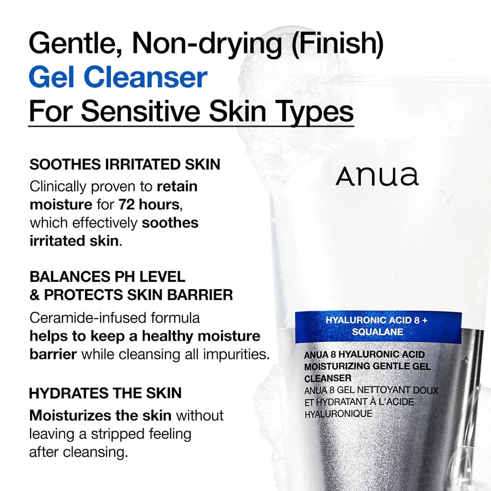 Anua 8 Hyaluronic Acid Moisturizing Gentle Gel Cleanser z tekstem podkreślającym cechy produktu: nawilża przez 72 godziny, balansuje pH i chroni barierę skórną.