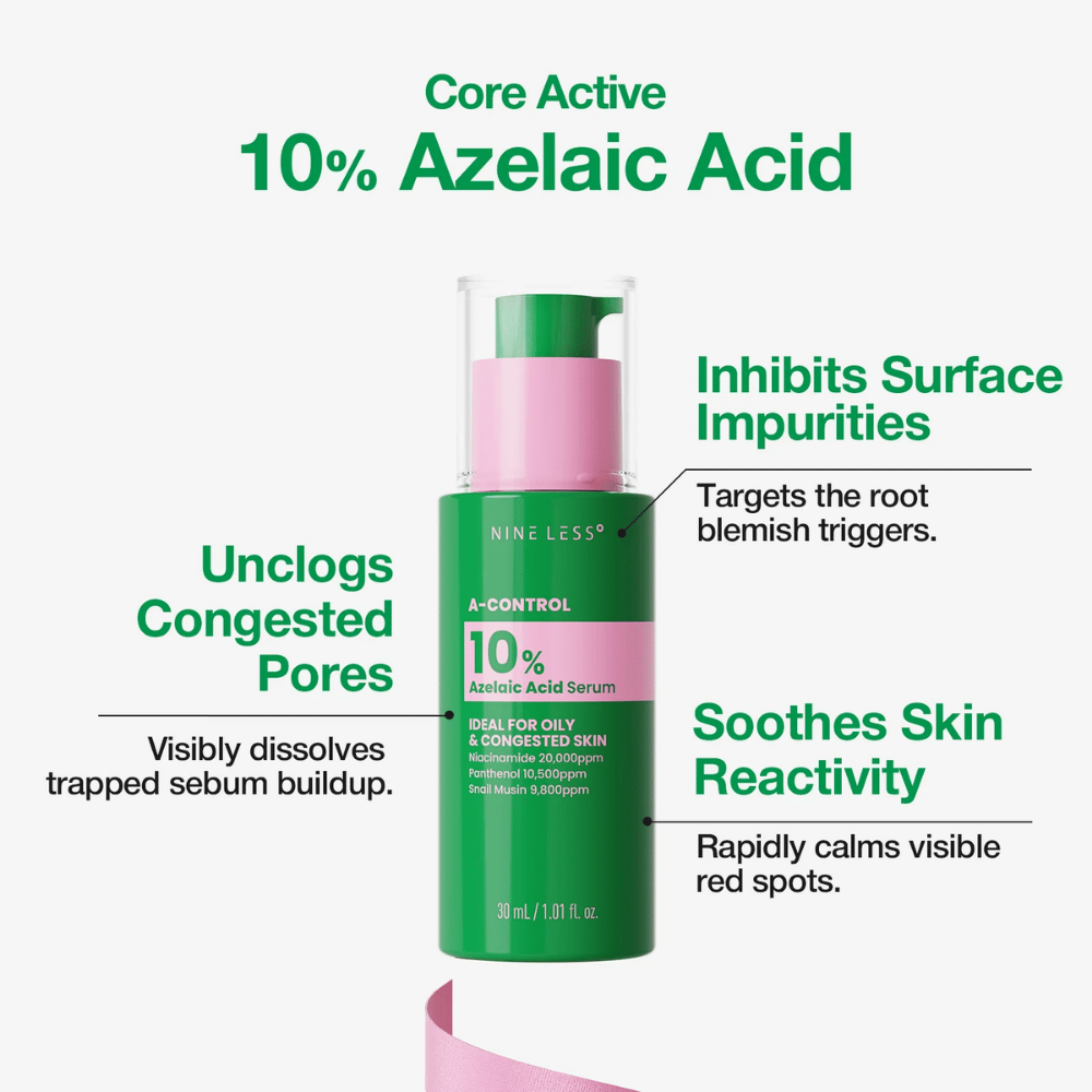 NINELESS Serum A-Control z 10% kwasem azelainowym pomaga przeciwdziałać zatkanym porom, niedoskonałościom i widocznemu zaczerwienieniu.
