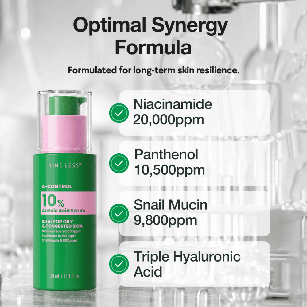NINELESS A-Control 10% Azelaic Acid Serum z niacynamidem, pantenolem, krem ze śluzem ślimaka i kwasem hialuronowym dla zrównoważonej i nawilżonej skóry.