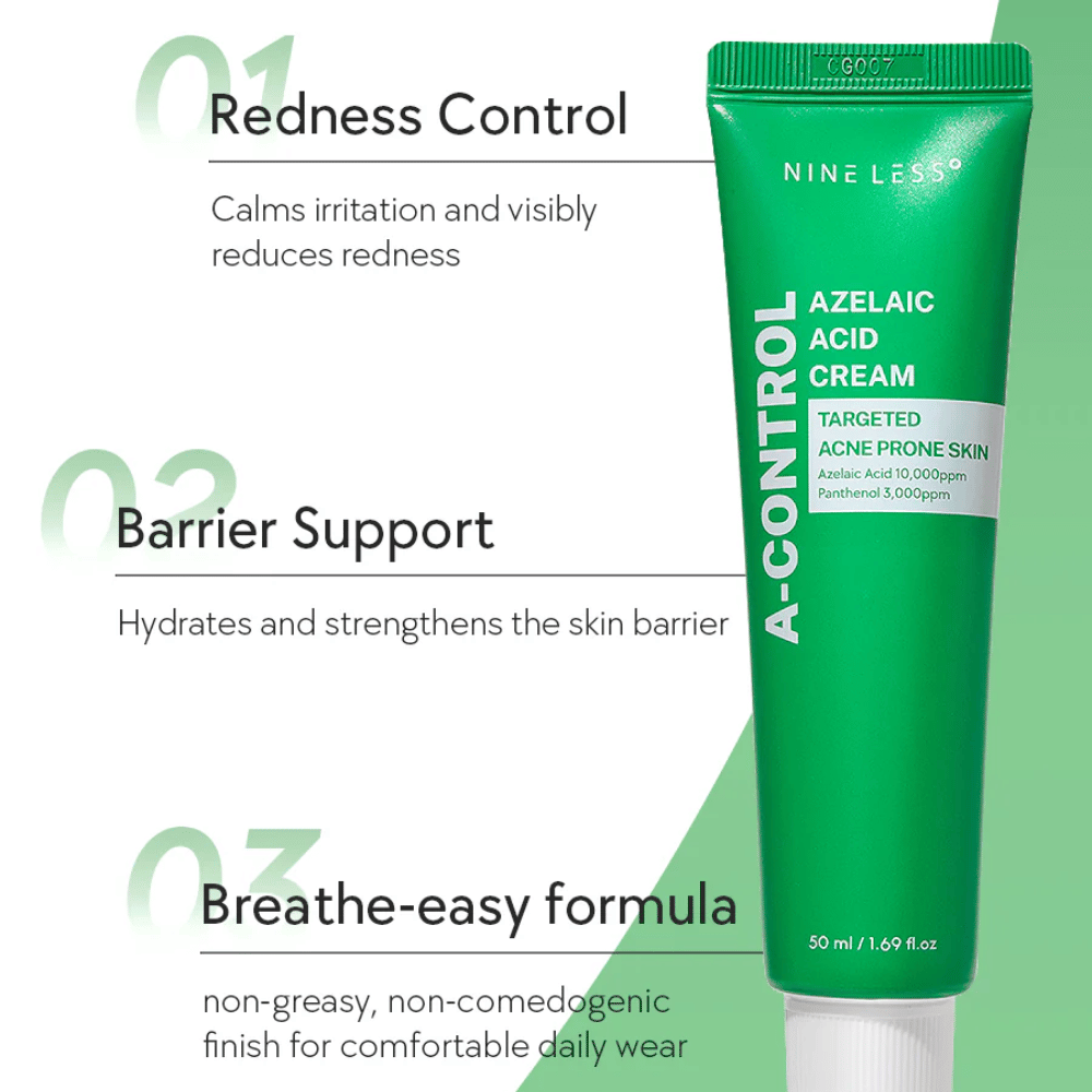 NINELESS A-Control Azelaic Acid Cream – koreański krem do twarzy z kwasem azelainowym, który pomaga zmniejszać zaczerwienienia, wzmacniać barierę skórną i zapewniać lekkie, nieoleiste wykończenie.