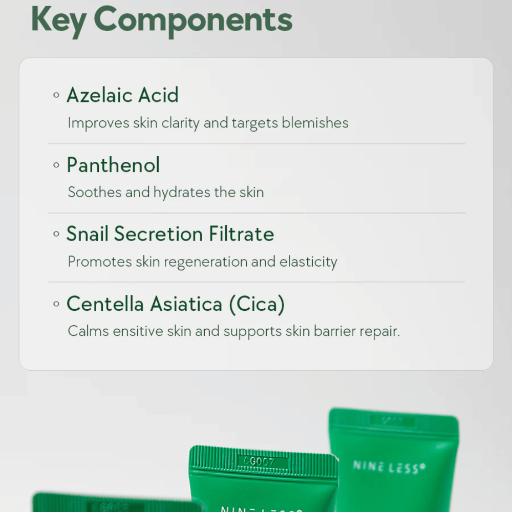 NINELESS A-Control Azelaic Acid Cream składniki – krem do twarzy z kwasem azelainowym, pantenolem, krem ze śluzem ślimaka i Centella Asiatica, który pomaga łagodzić skórę i poprawiać jej przejrzystość.