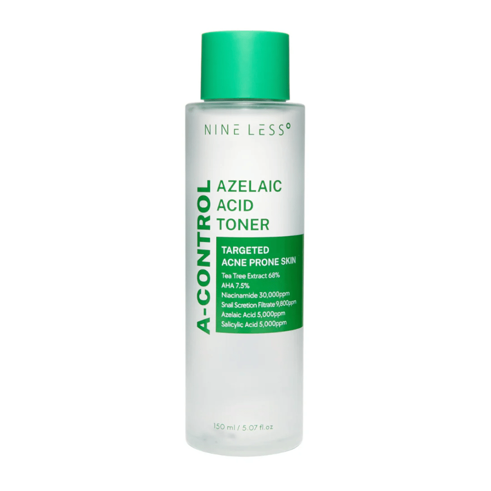 Zdjęcie produktu Nine Less A-Control Azelaic Acid Toner 150 ml w przezroczystej butelce z zieloną etykietą i zieloną zakrętką.