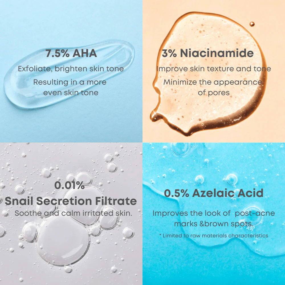 Zbliżenie na krople serum ilustrujące kluczowe składniki tonera: 7.5% AHA, 3% niacynamid, filtrat wydzieliny ślimaka i 0.5% kwasu azelainowego.