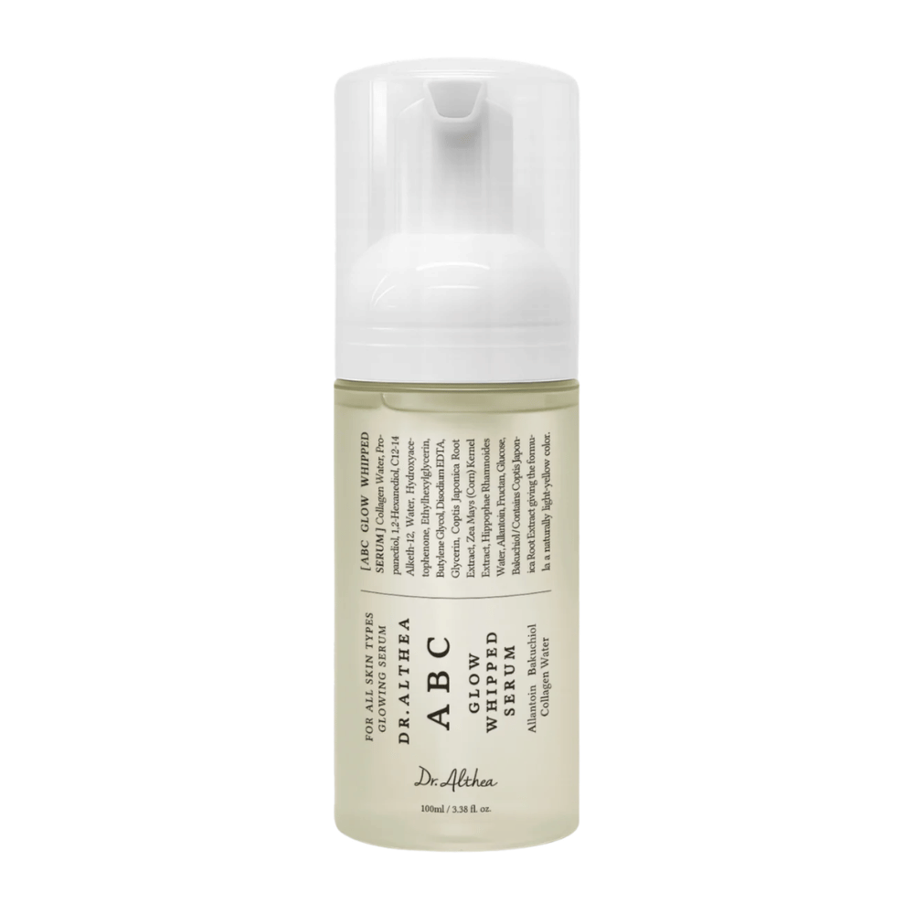 Obraz – wyizolowany produkt (Google Images ważne)
Dr. Althea ABC Glow Whipped Serum w butelce z pompką o lekkiej, piankowej konsystencji, która nawilża, wyrównuje koloryt skóry i nadaje jej blask.
