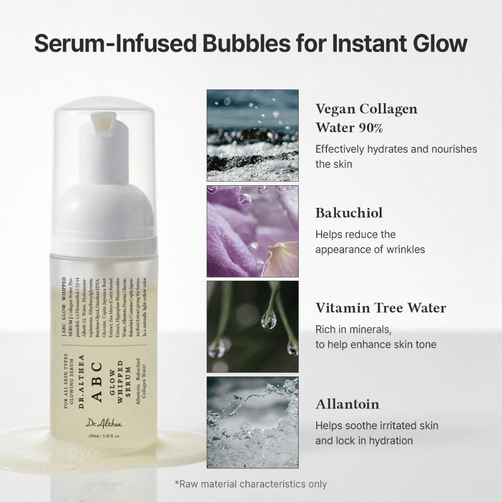 Obraz – składniki (EEAT + ranking)
Dr. Althea ABC Glow Whipped Serum z wegańskim kolagenem, bakuchiolem, wodą z rokitnika i alantoiną, które nawilżają, koją i poprawiają strukturę skóry.