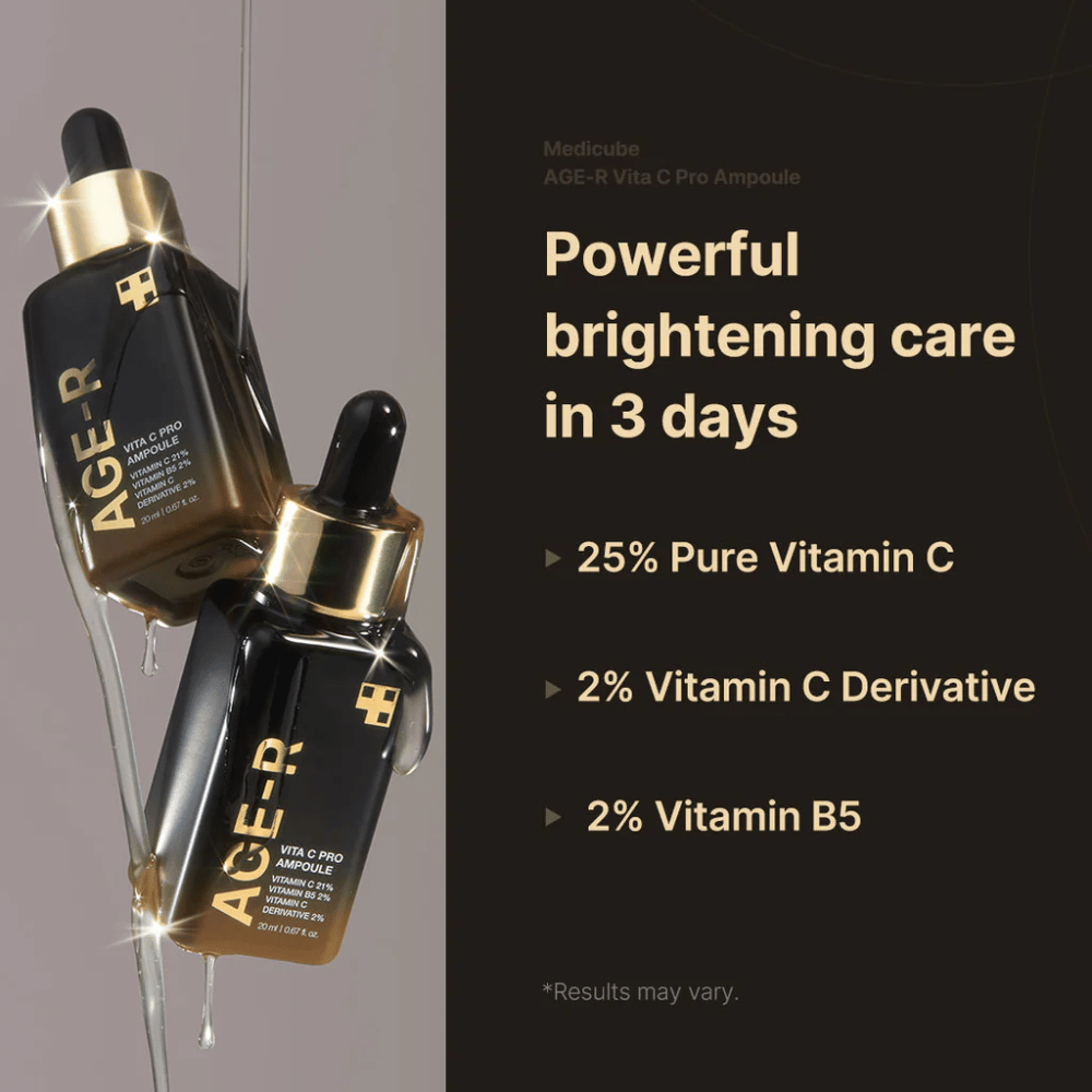 Obraz Medicube Age-R Vita C Pro Ampoule, podkreślający efekt rozjaśnienia produktu w ciągu 3 dni. Produkt zawiera 25% czystej witaminy C, 2% pochodnej witaminy C i 2% witaminy B5. Butelki są prezentowane ze złotymi detalami i pipetą do aplikacji.
