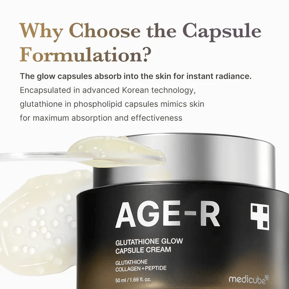 Medicube Age-R Glutathione Glow Capsule Cream jest reklamowany z wyjaśnieniem korzyści płynących z formuły kapsułkowej. Kapsułki z glutationem są szybko wchłaniane przez skórę, zapewniając natychmiastowy blask, dzięki zaawansowanej koreańskiej technologii, która naśladuje własne mechanizmy skóry dla maksymalnego efektu.