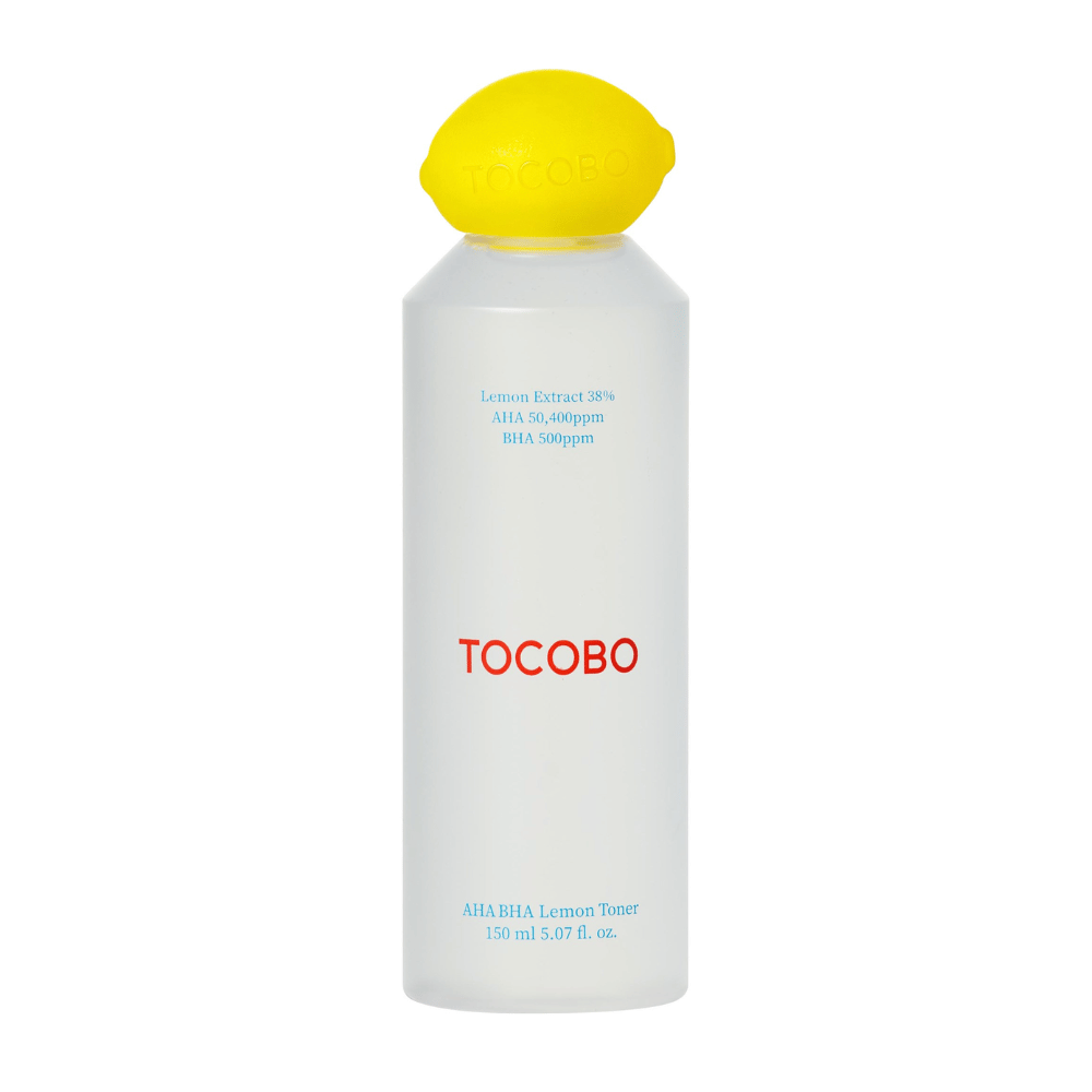 TOCOBO AHA BHA Lemon Toner w przezroczystej butelce z żółtą nakrętką w kształcie cytryny i czerwoną logo. Tekst na butelce wskazuje 38% ekstraktu z cytryny, AHA 50 400 ppm i BHA 500 ppm.