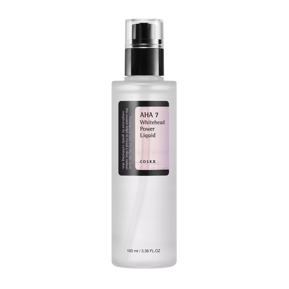 COSRX AHA 7 Whitehead Power Liquid butelka 100 ml, skuteczny peeling z 7% kwasem glikolowym przeciwko białym zaskórnikom i nierównemu kolorytowi skóry.