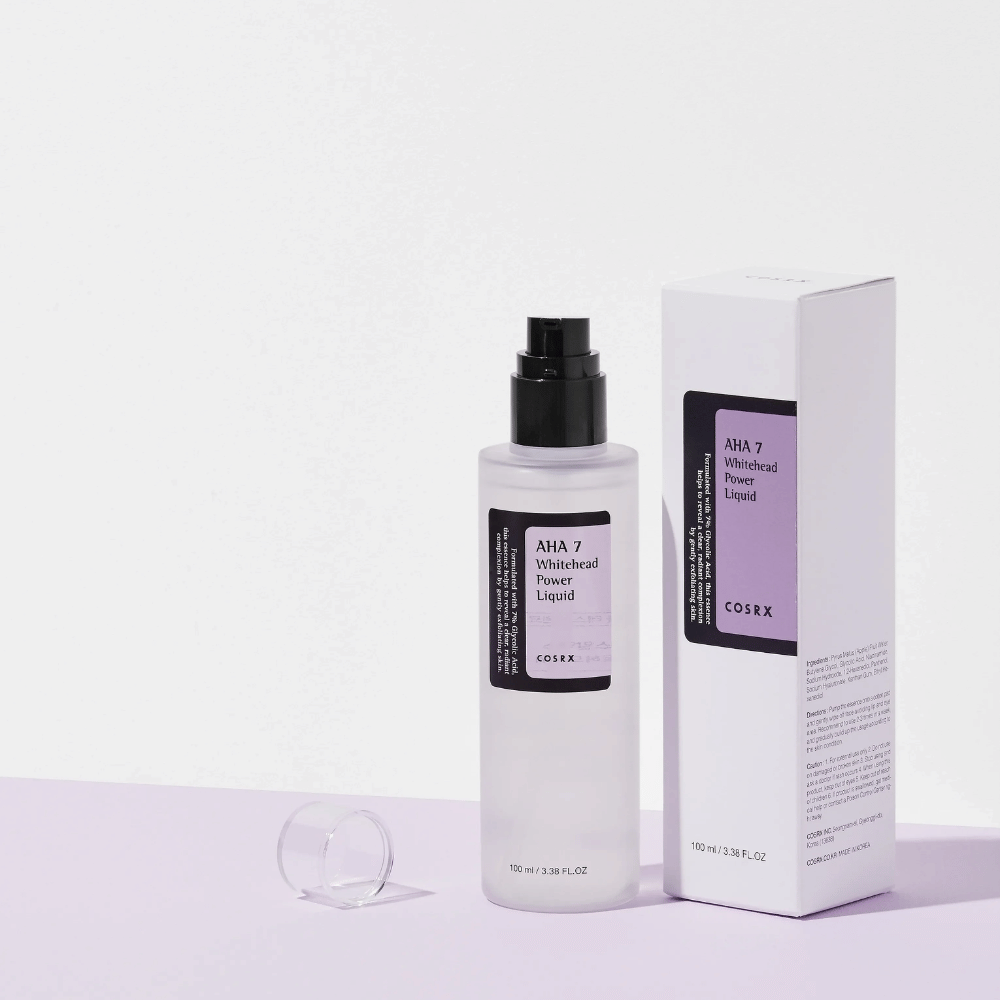 COSRX AHA 7 Whitehead Power Liquid z opakowaniem, złuszczający tonik do twarzy z 7% AHA, aby przeciwdziałać białym zaskórnikom i wyrównać koloryt skóry.