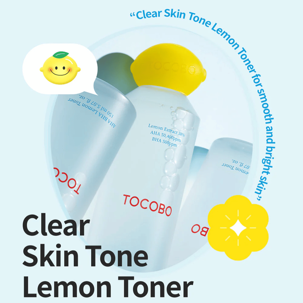 Kilka butelek TOCOBO Clear Skin Tone Lemon Toner z żółtą nakrętką w kształcie cytryny, bąbelki w płynie i tekst podkreślający składniki AHA i BHA na jasnoniebieskim tle.
