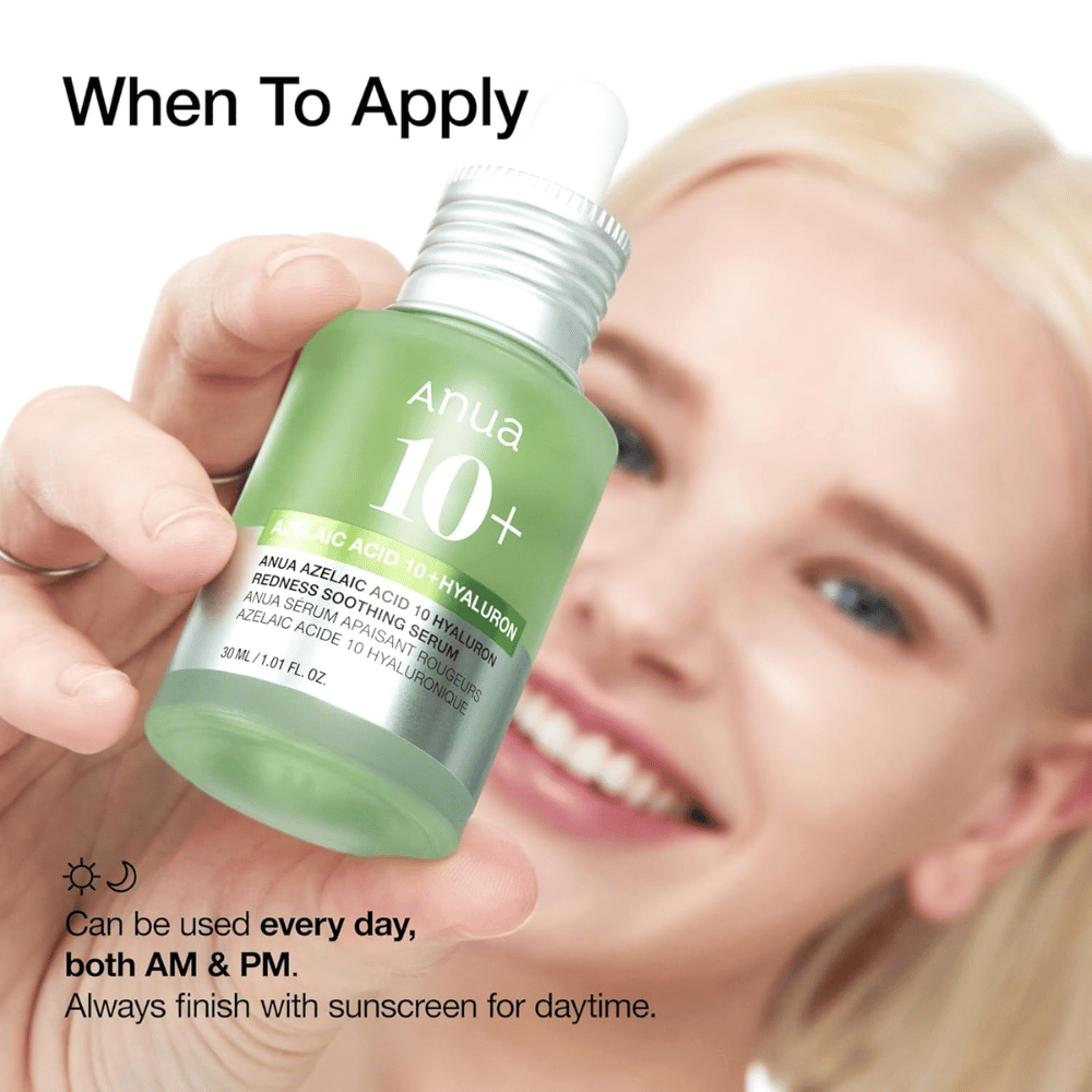 ANUA Azelaic Acid 10+ Hyaluron to łagodzące serum, które zmniejsza zaczerwienienia i nawilża skórę. Idealne do codziennego stosowania zarówno rano, jak i wieczorem. Zawiera kwas azelainowy i kwas hialuronowy, aby zrównoważyć i wzmocnić barierę ochronną skóry. Zawsze używaj ochrony przeciwsłonecznej w ciągu dnia.