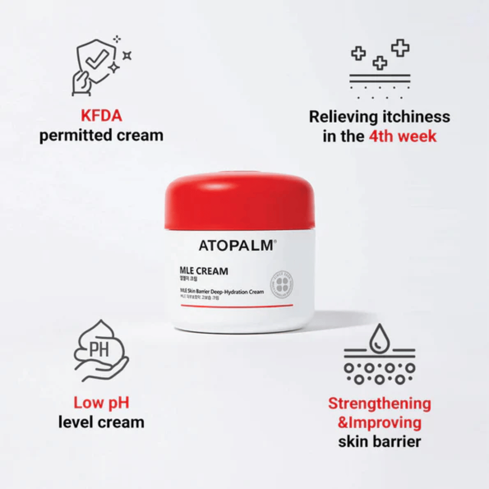ATOPALM MLE Cream z technologią MLE, która balansuje wilgoć, głęboko nawilża i wzmacnia barierę skórną dla bardziej miękkiej i odporniejszej skóry.