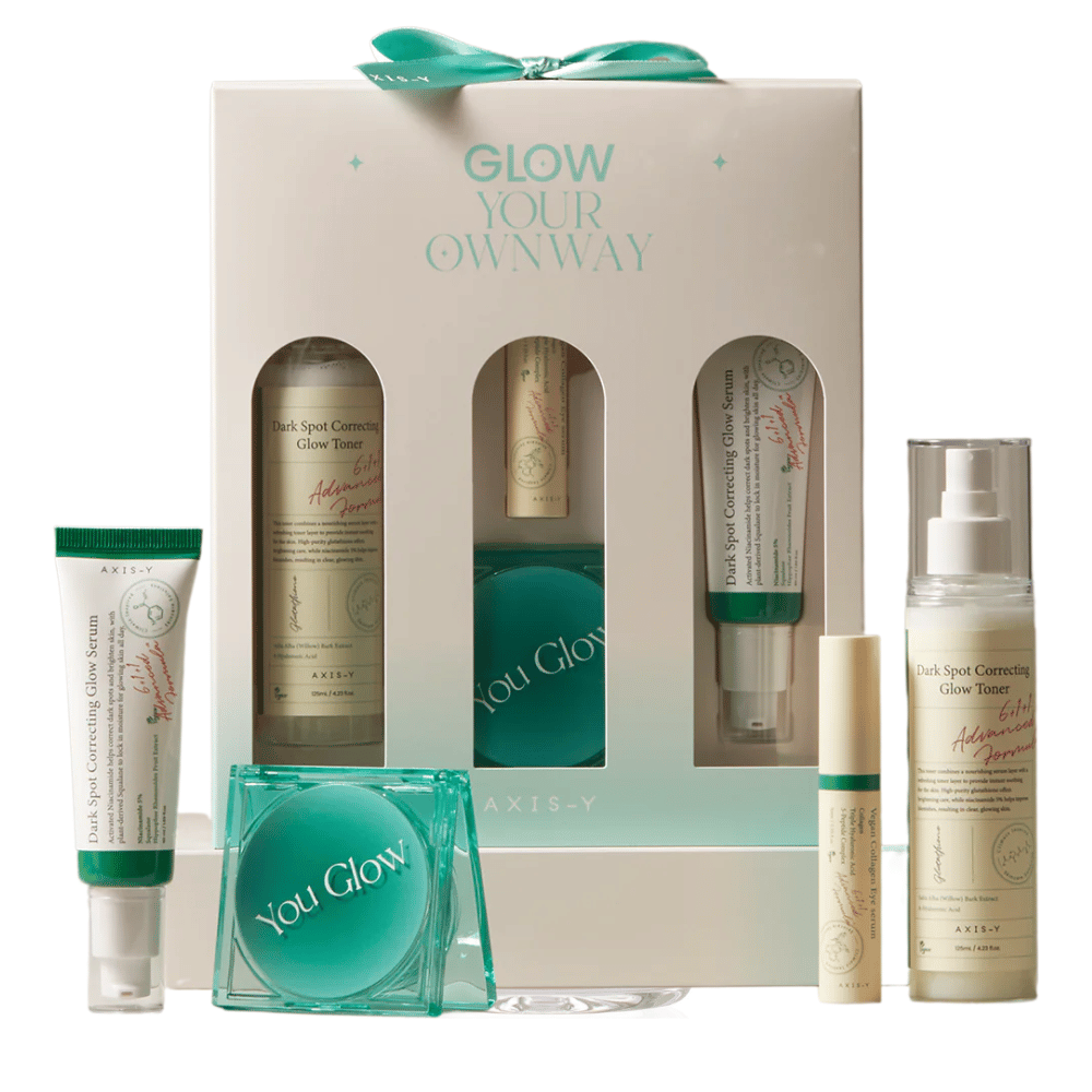 AXIS-Y Glow Your Own Way Beauty Box – kompletny zestaw z wegańską pielęgnacją skóry, który redukuje przebarwienia, nawilża i dodaje blasku. Idealny dla bardziej jednolitego kolorytu skóry!