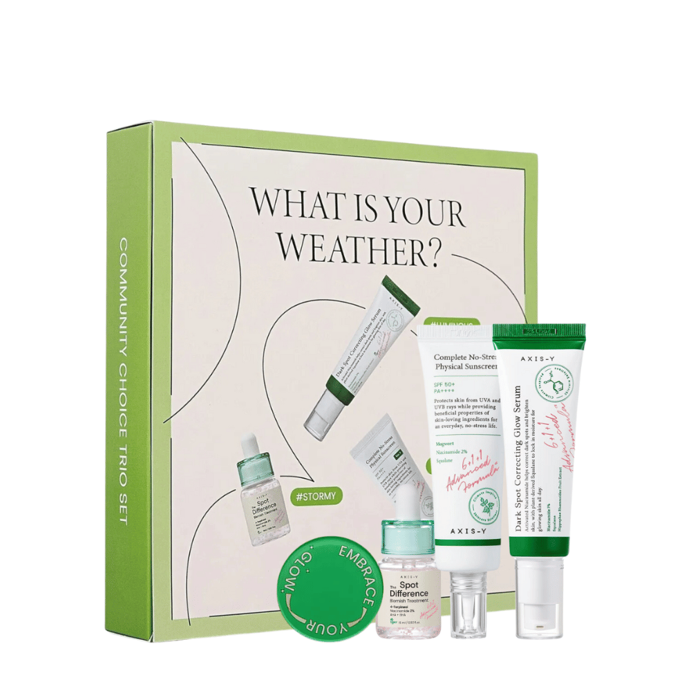AXIS-Y "What is your weather?" Zestaw do pielęgnacji skóry w zielonym opakowaniu zawiera pięć produktów: krem przeciwsłoneczny, krem nawilżający, serum, żel leczniczy i maseczkę do twarzy, dostosowane do różnych typów skóry i klimatu.