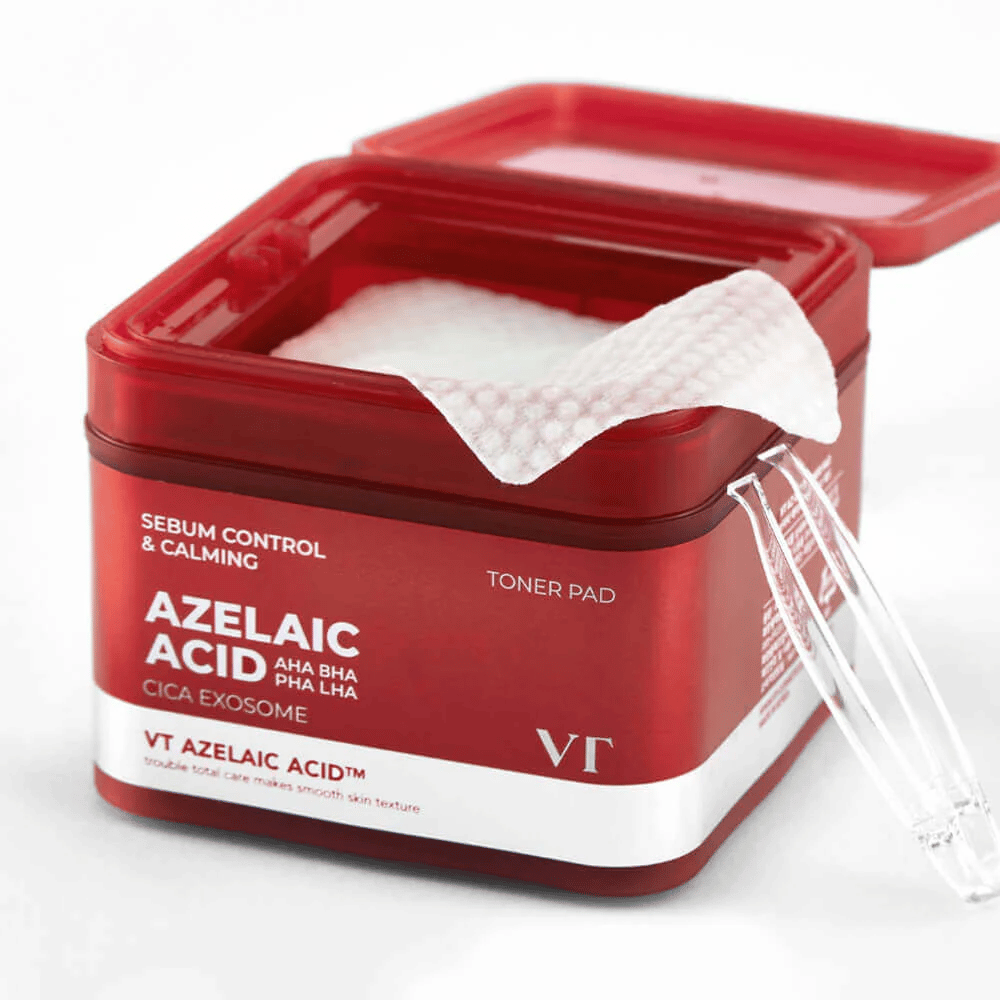 Otwarty słoik z VT Azelaic Acid Toner Pad i pęsetą – dla łatwego i higienicznego użytkowania.