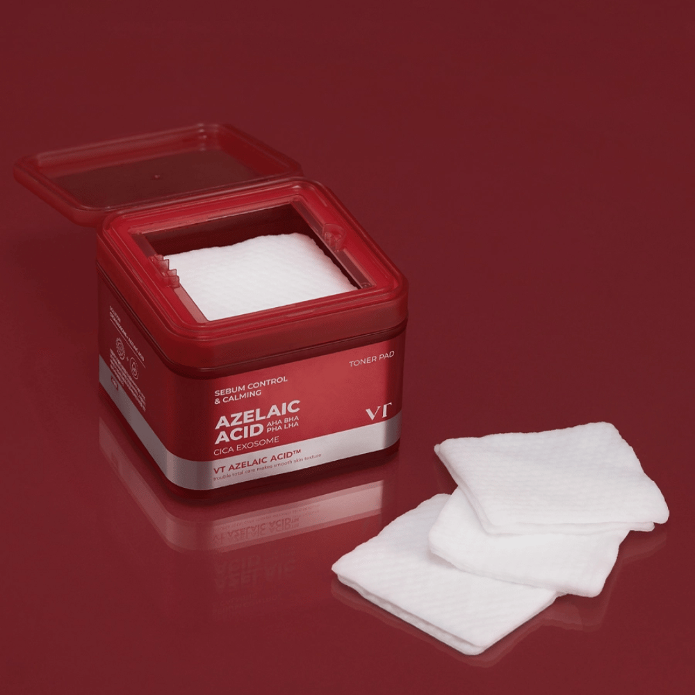 VT Azelaic Acid Toner Pad – złuszczające i łagodzące płatki z AHA, BHA, PHA i LHA dla zrównoważonej, jasnej skóry.