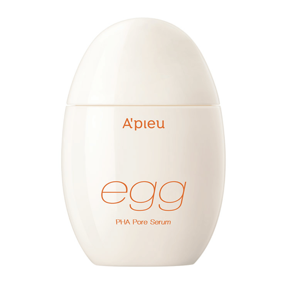 A'pieu Egg PHA Pore Serum w jajowatym, beżowym opakowaniu z pomarańczowym napisem – koreańskie serum, które delikatnie złuszcza i minimalizuje pory.