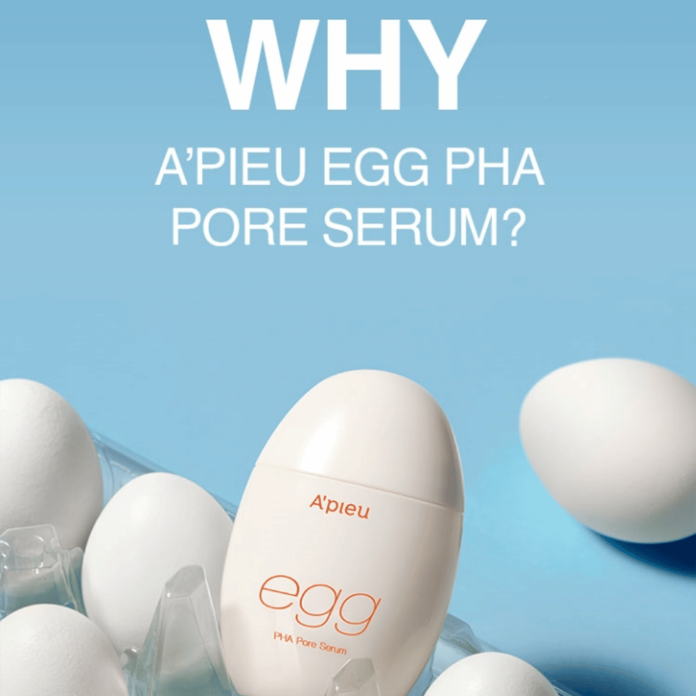 A'pieu Egg PHA Pore Serum w jajowatym opakowaniu wśród białych jajek w kartonie – koreańskie serum do wygładzania porów i delikatnego złuszczania.