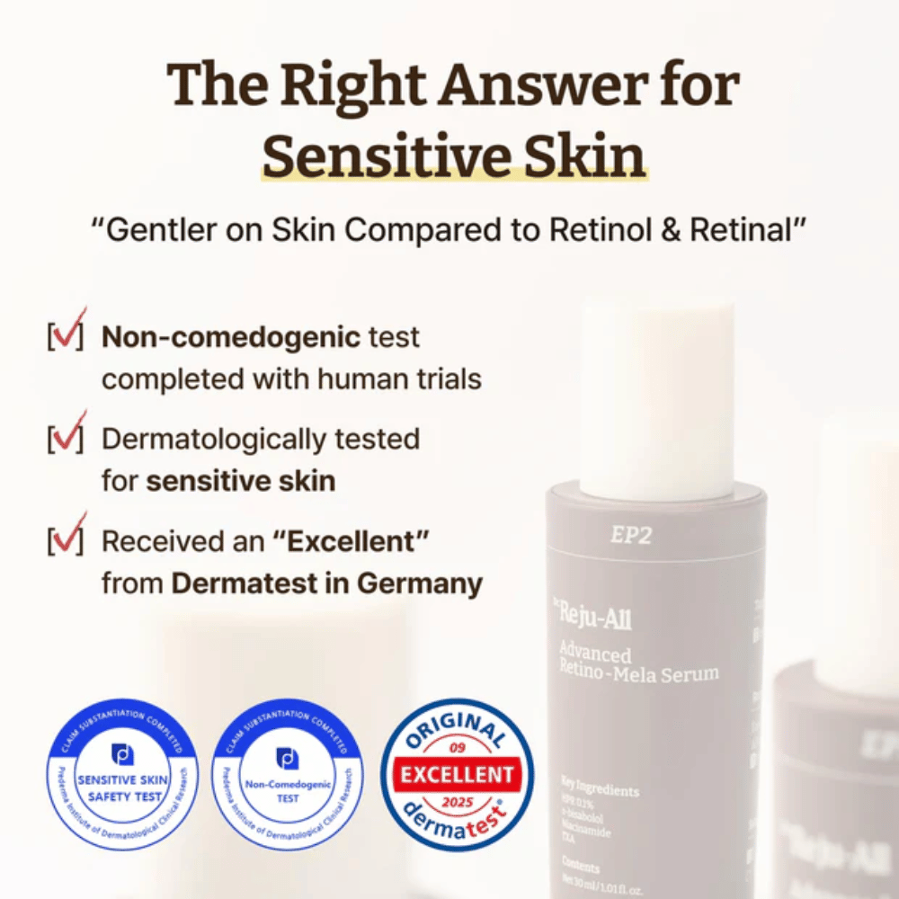 Dr. Reju-All Advanced Retino-Mela Serum dla skóry wrażliwej – niekomedogenny, dermatologicznie testowany i oceniony jako „Excellent” przez Dermatest w Niemczech.
