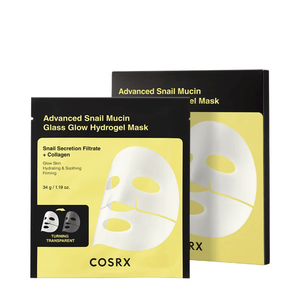 Opakowanie COSRX Advanced Snail Mucin Glass Glow Hydrogel Mask – nawilżająca maska ze śluzem ślimaka i kolagenem.