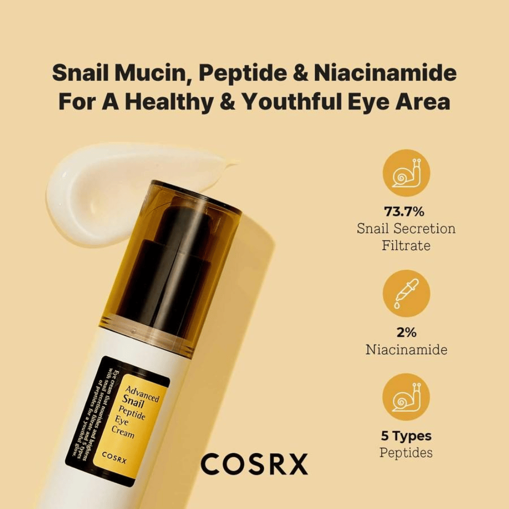 COSRX Advanced Snail Peptide Eye Cream 25 ml z mucyną ślimaka, peptydami i niacynamidem dla jędrniejszej skóry i bardziej jednolitego kolorytu skóry wokół oczu