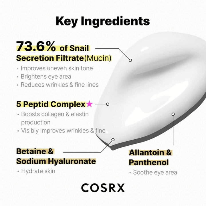 COSRX Advanced Snail Peptide Eye Cream z 73,6% mucyny ślimaka, 5 peptydami, niacynamidem i kwasem hialuronowym – nawilżający i przeciwstarzeniowy Krem pod oczy