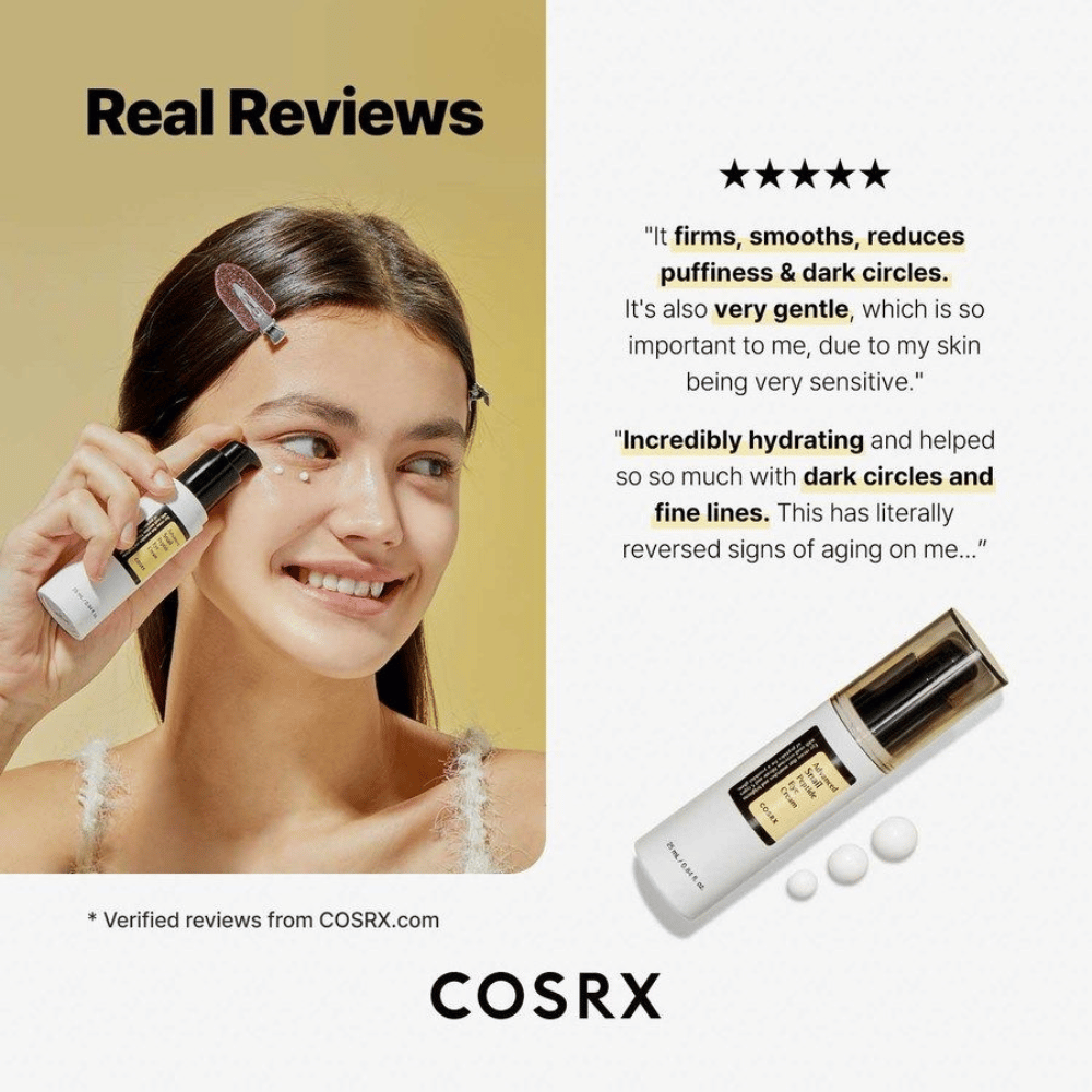COSRX Advanced Snail Peptide Eye Cream stosuje się pod oczami – Krem pod oczy z 73,7% krem ze śluzem ślimaka i peptydami przeciw ciemnym kręgom, obrzękom i drobnym liniom