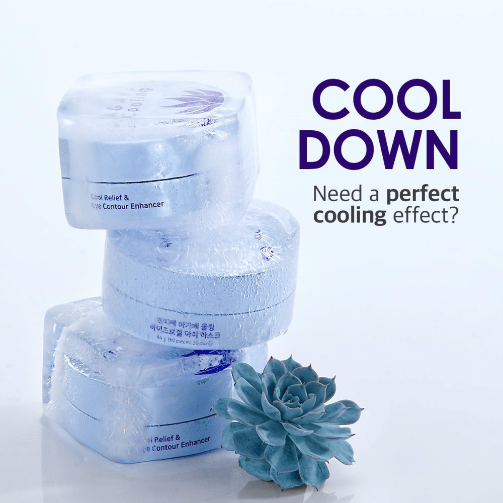 Grafika promocyjna PETITFEE Agave Cooling Hydrogel Eye Mask o lodowym i chłodzącym motywie. Obraz podkreśla chłodzący efekt produktu i uczucie świeżości dla zmęczonych oczu.